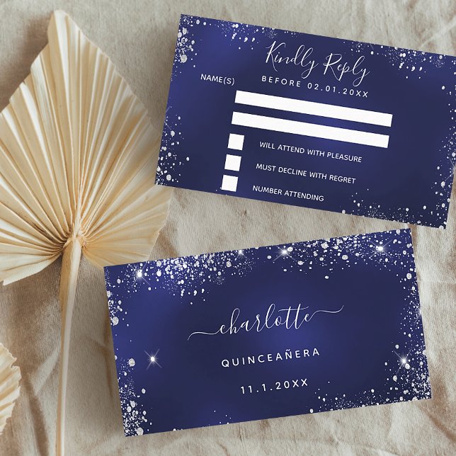 Cartão De Informações RSVP de brilho prateado azul do marinho festa de a (Criador carregado)