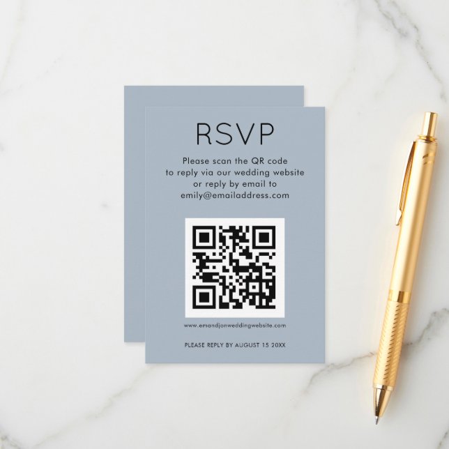 Cartão De Informações RSVP de Casamento Azul Dusty com Código QR Simples (Frente/Verso In Situ)