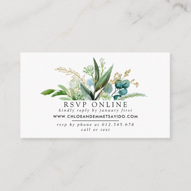 Cartão De Informações RSVP de Casamento Botânico Verde Branco e Dourado (Frente)