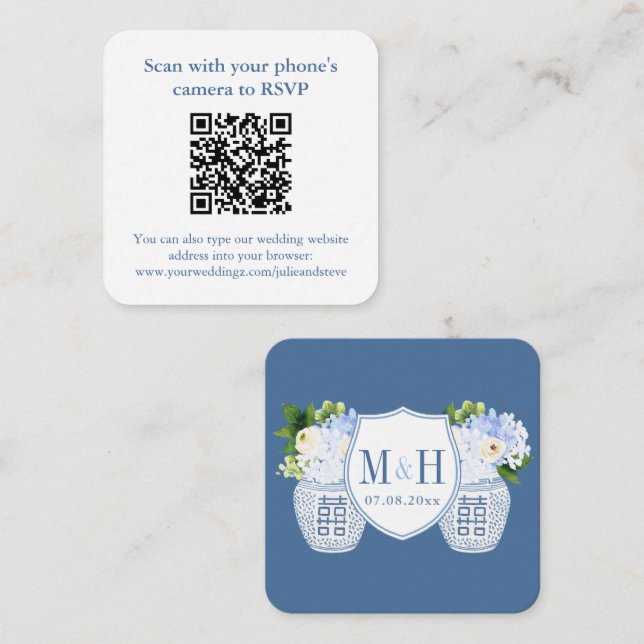 Cartão De Informações RSVP de Casamento Branco Azul do Código QR Elegant (Frente/Verso)