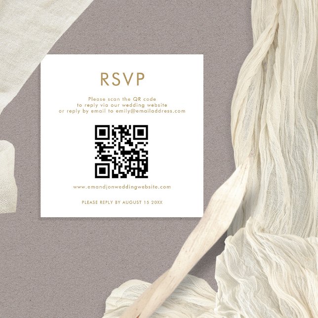 Cartão De Informações RSVP de Casamento Branco Dourado do Código QR Simp (Handy 2.5" square mini size RSVP enclosure with QR code)