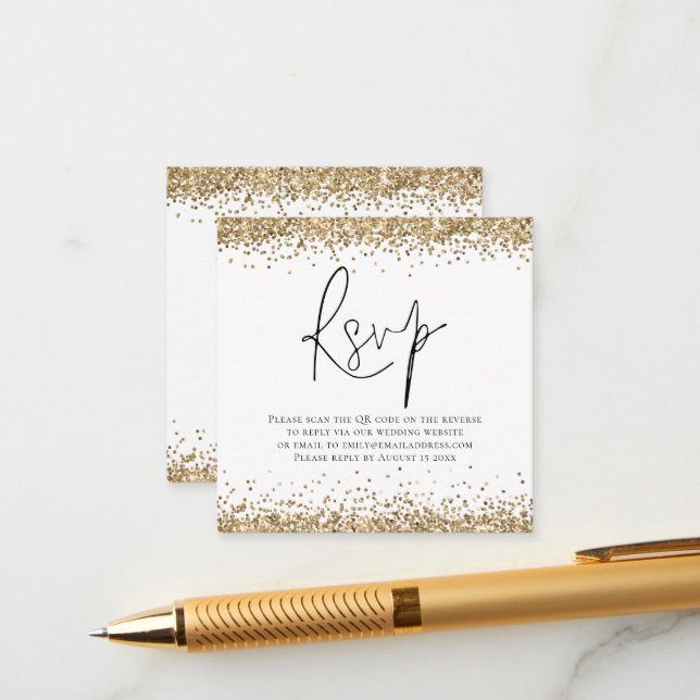 Cartão De Informações RSVP de Casamento com Glitter Dourado do Código QR (Frente/Verso In Situ)