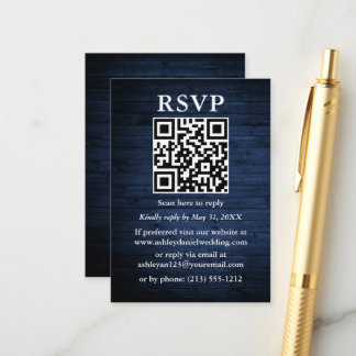 Cartão De Informações RSVP de Casamento da Madeira Azul Rústica QR