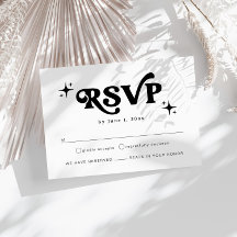 RSVP de Casamento de Boho Branco e Preto Retro Mod