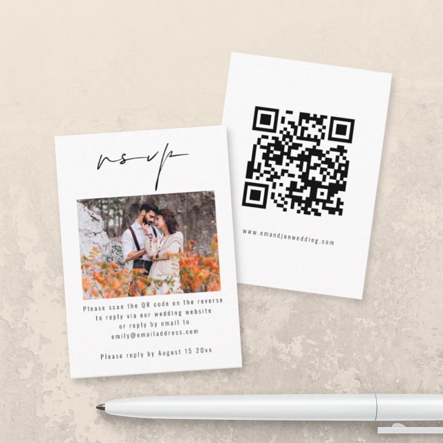Cartão De Informações RSVP de Casamento de Código QR de Foto Script (Criador carregado)