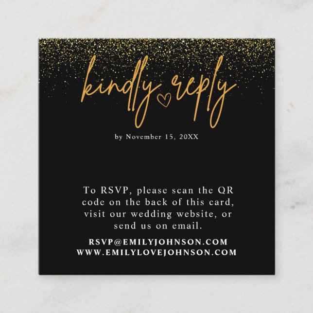 Cartão De Informações RSVP de Casamento de Código QR Dourado e Preto Rom (Frente)