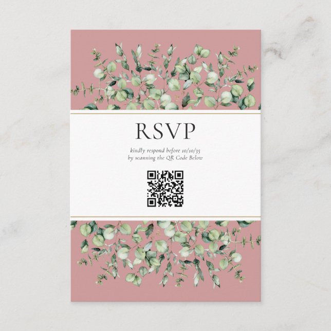 Cartão De Informações RSVP de Casamento de Código QR Eucalyptus Rosa-Ros (Frente)