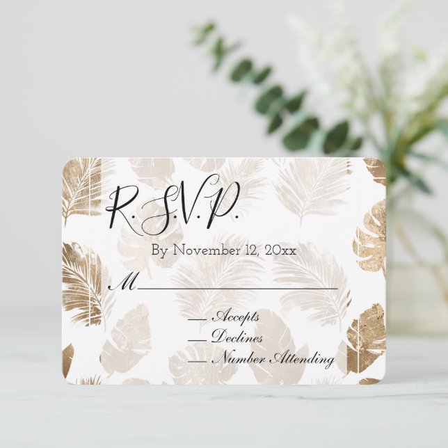 Cartão De Informações RSVP de Casamento de Folhas Tropicais Douradas (Em pé/Frente)