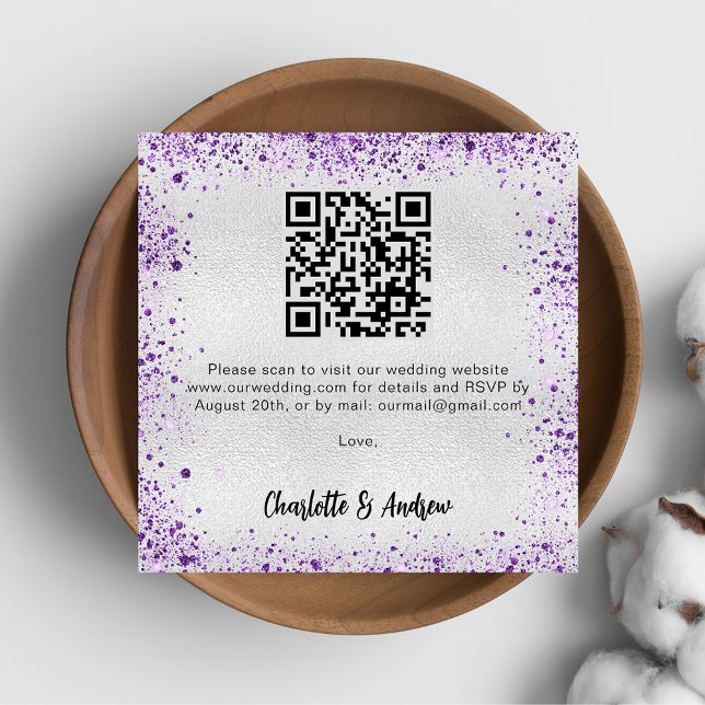 Cartão De Informações RSVP de casamento do código QR de brilho violeta p (Criador carregado)