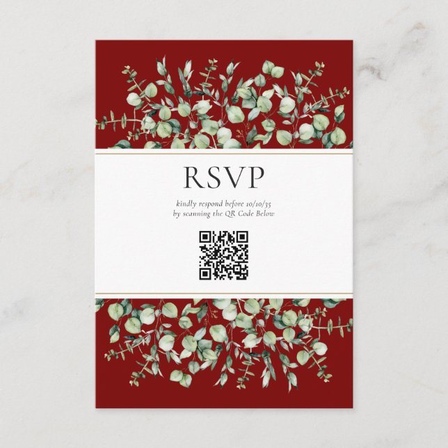 Cartão De Informações RSVP de Casamento do Código QR Eucalyptus Burgundy (Frente)