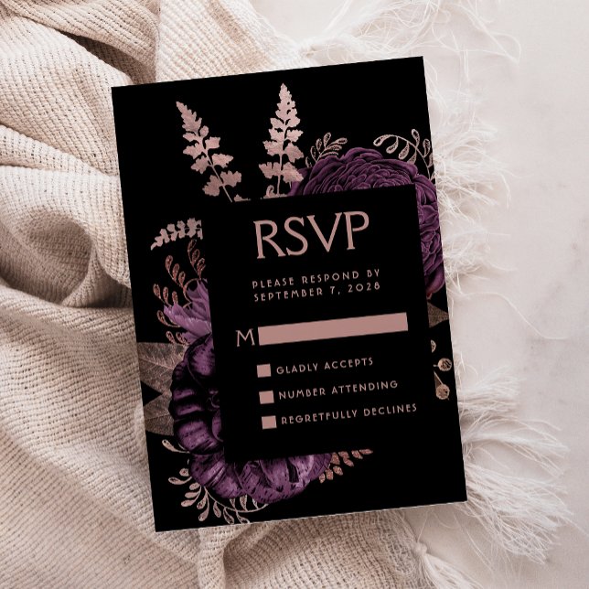 Cartão De Informações RSVP de Casamento Dourado do Rosa Floral Roxo Escu (Criador carregado)