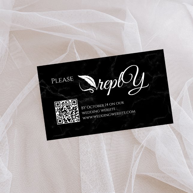Cartão De Informações RSVP de Casamento Elegante Negro | Código QR Minim (Criador carregado)