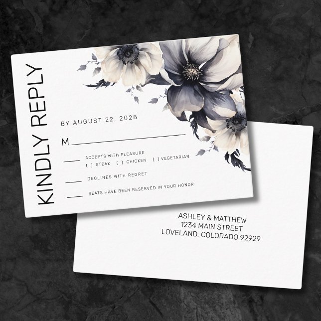 Cartão De Informações RSVP de Casamento Floral Branco Preto (Black White Modern Floral Wedding RSVP Enclosure Card)