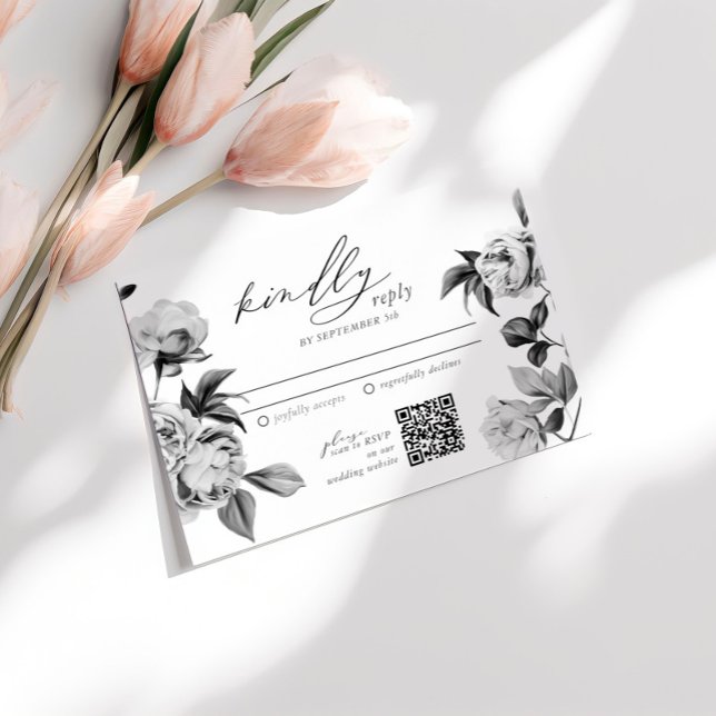 Cartão De Informações RSVP de Casamento Floral Chic Black & White (Criador carregado)