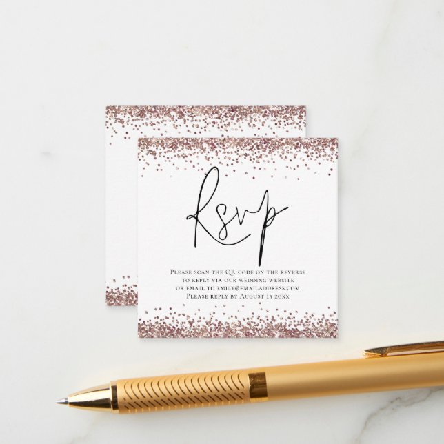Cartão De Informações RSVP de Casamento Glitter Dourado do Código QR Ele (Frente/Verso In Situ)