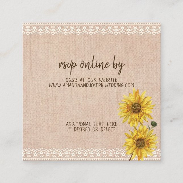 Cartão De Informações RSVP de Casamento Russo e Burlap Sunflower (Frente)
