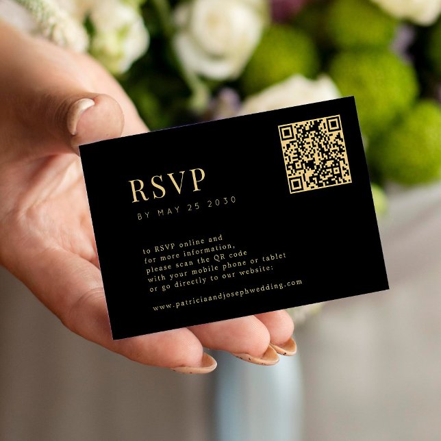 Cartão De Informações RSVP de casamento simples e elegante de ouro preto (Criador carregado)
