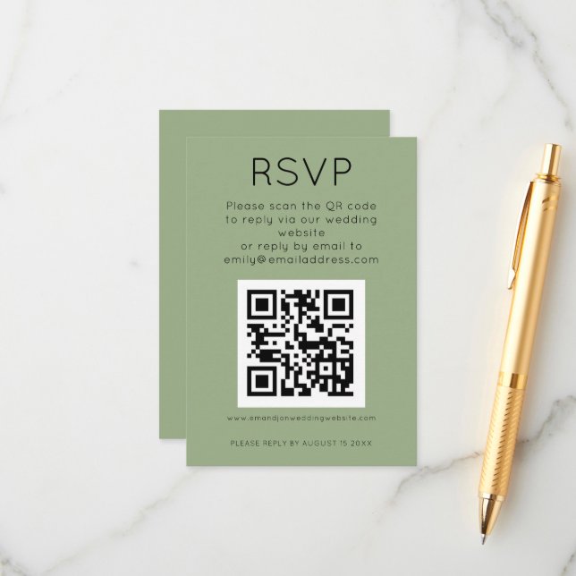 Cartão De Informações RSVP de Casamento Verde de Sage de Código QR Simpl (Frente/Verso In Situ)