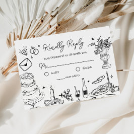 Cartão De Informações RSVP de Casamento Whimsical Desenhado à Mão Negra