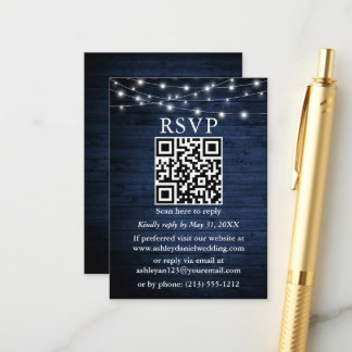 Cartão De Informações RSVP de Casamentos de Madeira Azul Rústica Luzes Q