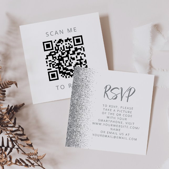 Cartão De Informações RSVP de Código QR de Casamento Branco de Glitter d (Criador carregado)