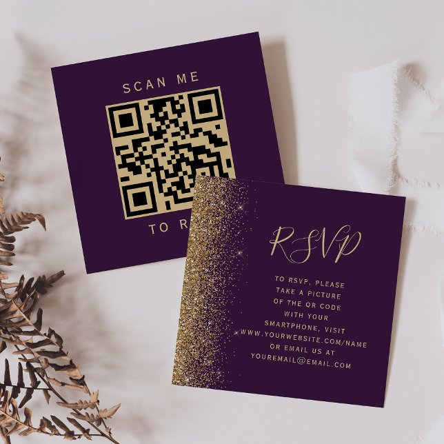 Cartão De Informações RSVP de Código QR de Casamento Dourado Roxo-Roxo E (Criador carregado)