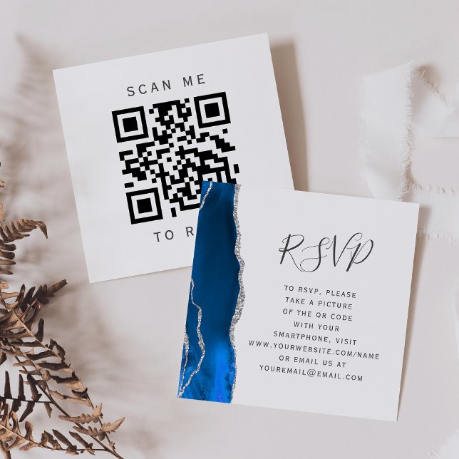 Cartão De Informações RSVP de Código QR de Casamento Real de Prata Azul (Criador carregado)