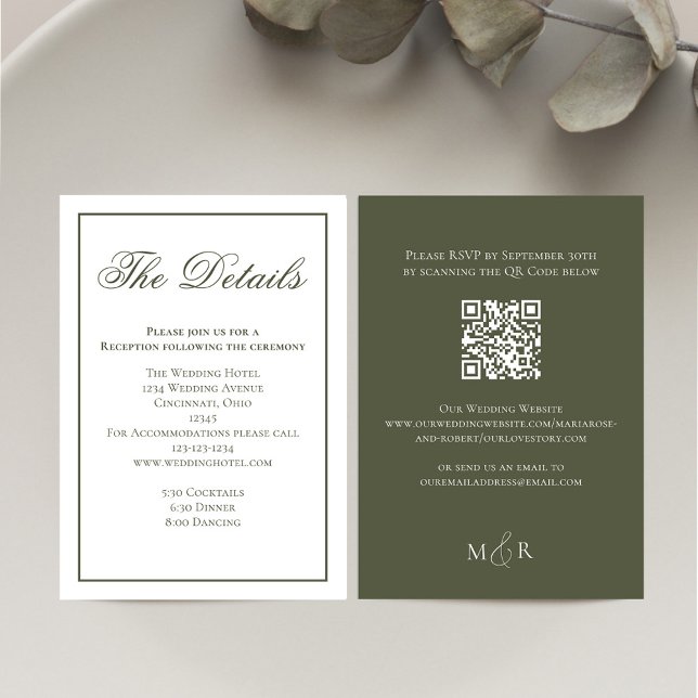 Cartão De Informações RSVP de Detalhes da Caligrafia Verde Elegante (Olive green wedding details card with scannable QR Code. )
