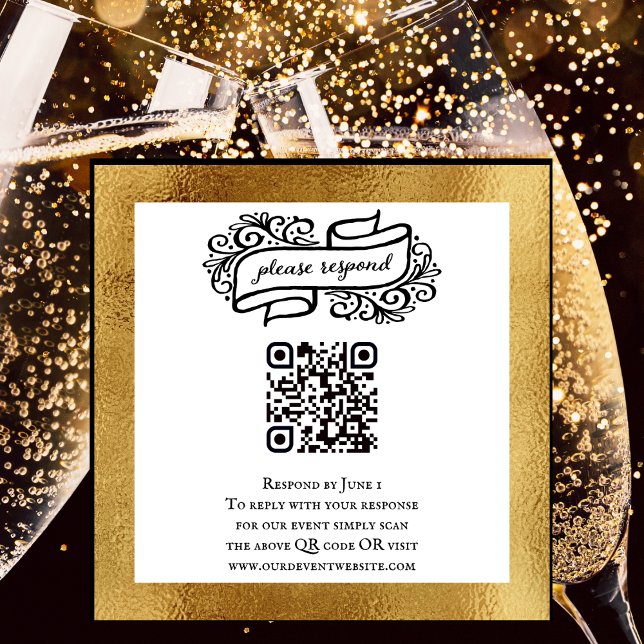 Cartão De Informações RSVP de Eventos de Festa Branca Dourada de Código  (Elegant Unique QR code to send to guests. RSVP card for birthdays and other special events. )