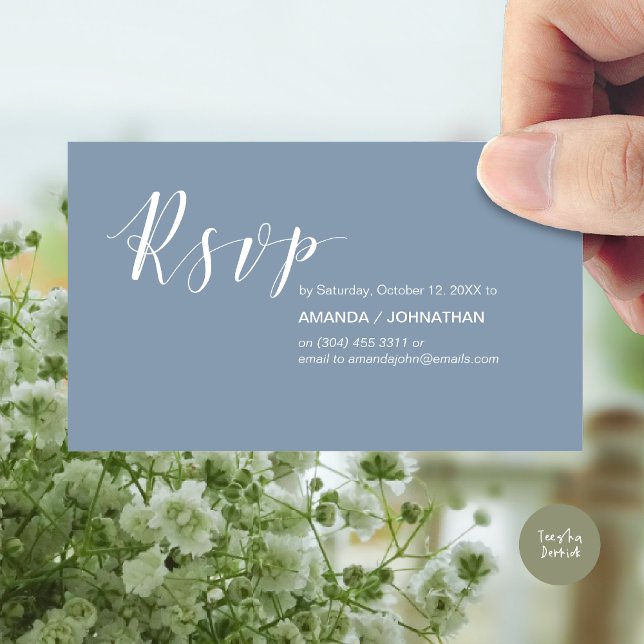 Cartão De Informações RSVP de Festa de casamento Moderna, em Azul Dusty (Modern Wedding RSVP Invitation Card, Online reply, Email or phone, in dusty blue)