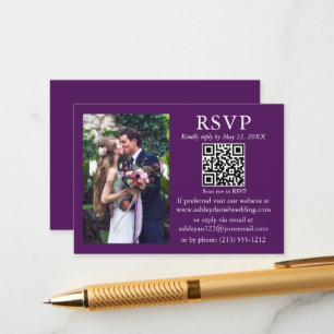 Cartão De Informações RSVP de Foto Mínima de Casamento Roxo QR