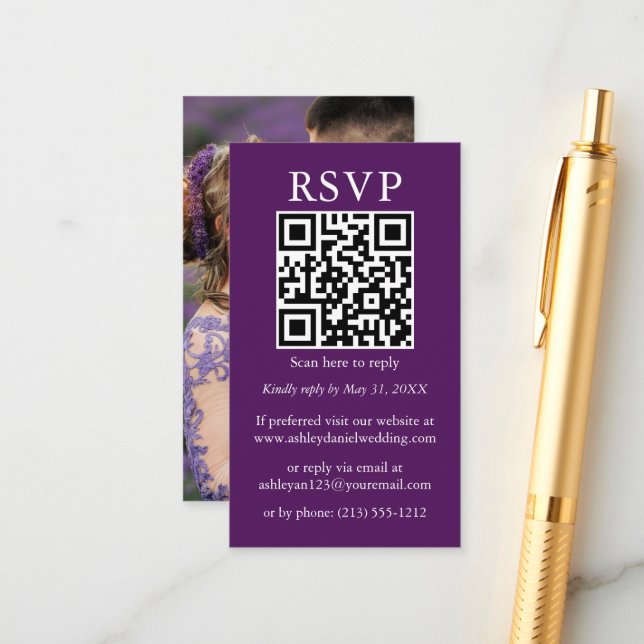 Cartão De Informações RSVP de Fotografia Roxo de Casamento Simples Minim (Frente/Verso In Situ)