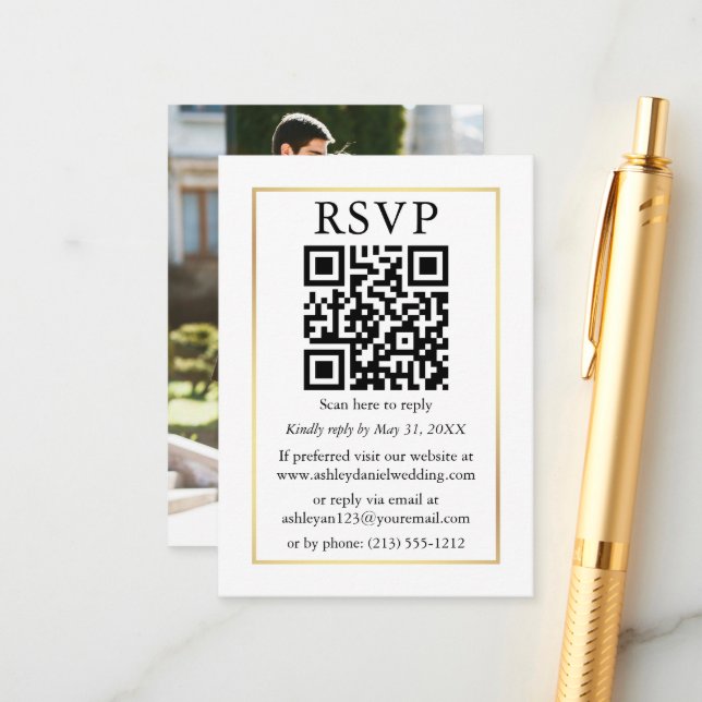 Cartão De Informações RSVP de Quadro Dourado de Casamento de Foto QR Min (Frente/Verso In Situ)