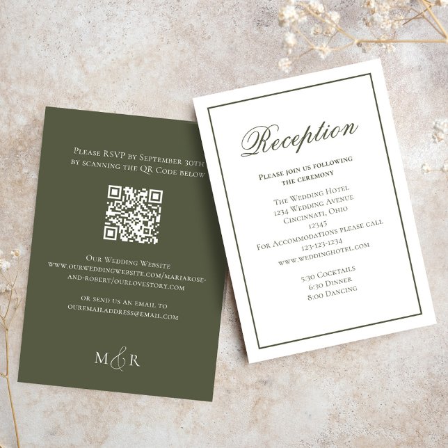 Cartão De Informações RSVP de Recepção de Caligrafia Verde Elegante (Elegant  Green Olive themed wedding reception card. )