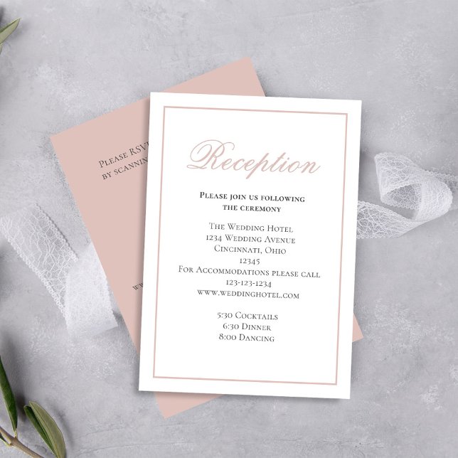Cartão De Informações RSVP de Recepção de Script de Caligrafia Rosa-Blus (Blush pink wedding reception card with RSVP details template. )