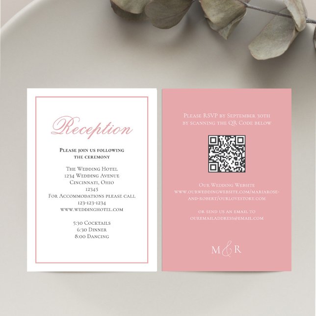 Cartão De Informações RSVP de Recepção de Script de Caligrafia Rosa-Blus (Blush pink reception card with a scannable QR Code template. )