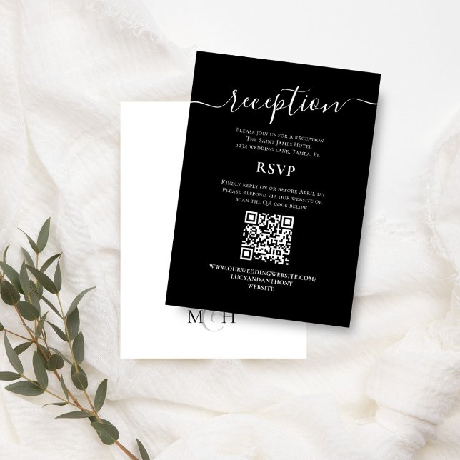 Cartão De Informações RSVP de Recepções de casamento Preta e Branca (Simple black and white reception and RSVP card with QR Code. )