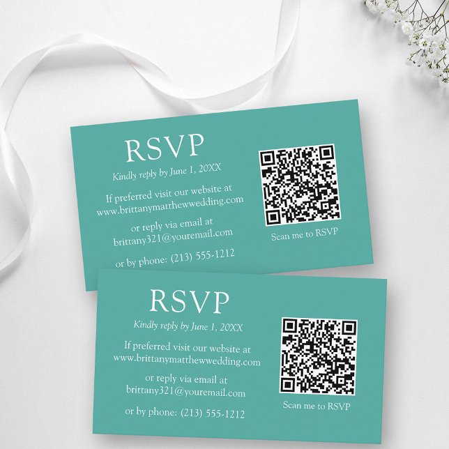 Cartão De Informações RSVP de Teal de Casamento de Código QR Simples Min (Customize to change text size, color, style or to change background color of front and back of card.)