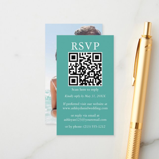 Cartão De Informações RSVP de Teal de Foto QR de Casamento Simples Minim (Frente/Verso In Situ)
