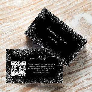 Cartão De Informações RSVP do código QR de cintilação prateada preta