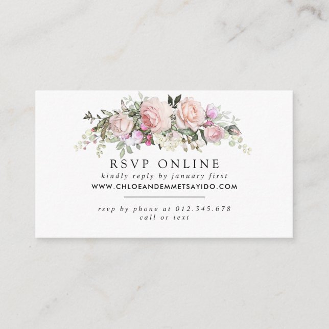 Cartão De Informações RSVP do Site de Casamento Floral Rosa-Blush Rustic (Frente)