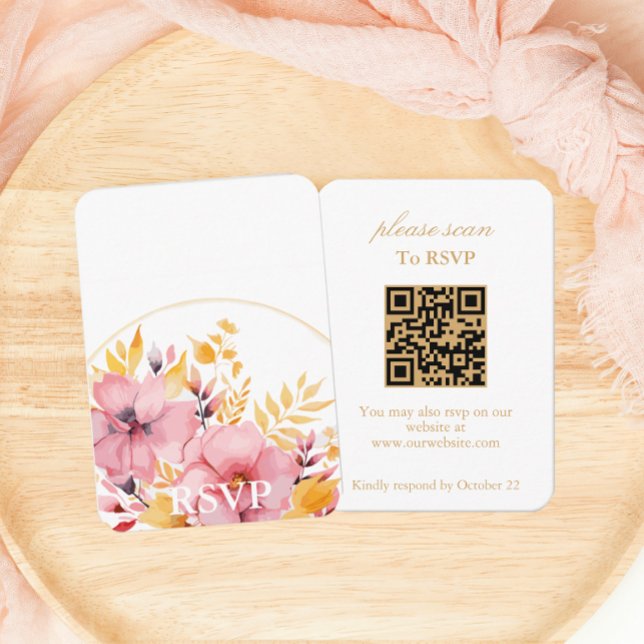 Cartão De Informações RSVP Floral Dourado Boho com código QR (Criador carregado)