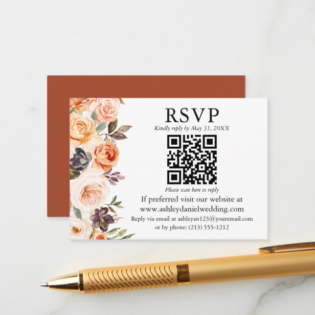 Cartão De Informações RSVP Floral Outono Aquarela Terracota QR (Frente/Verso In Situ)