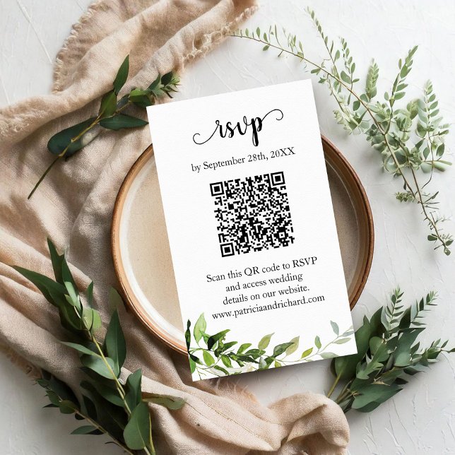 Cartão De Informações RSVP Online de Casamento Verde QR (Criador carregado)