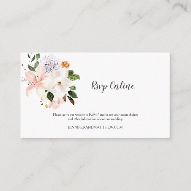Cartão De Informações RSVP Online Lily Magnolias Peonias Rosas Floral (Frente)