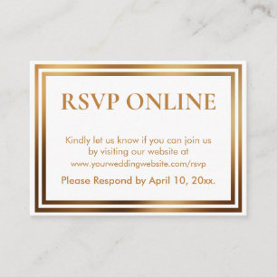Cartão De Informações RSVP Online Simples Elegante Dourado e Branco