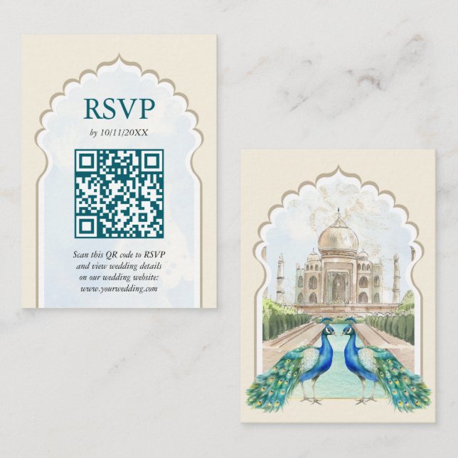 Cartão De Informações RSVP Peacock Taj Mahal Indian Wedding Código QR (Frente/Verso)