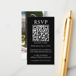 Cartão De Informações RSVP Preto de Foto QR de Casamento Simples Minimal