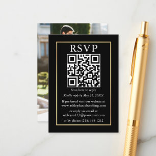 Cartão De Informações RSVP Preto Dourado de Casamento QR Minimalista