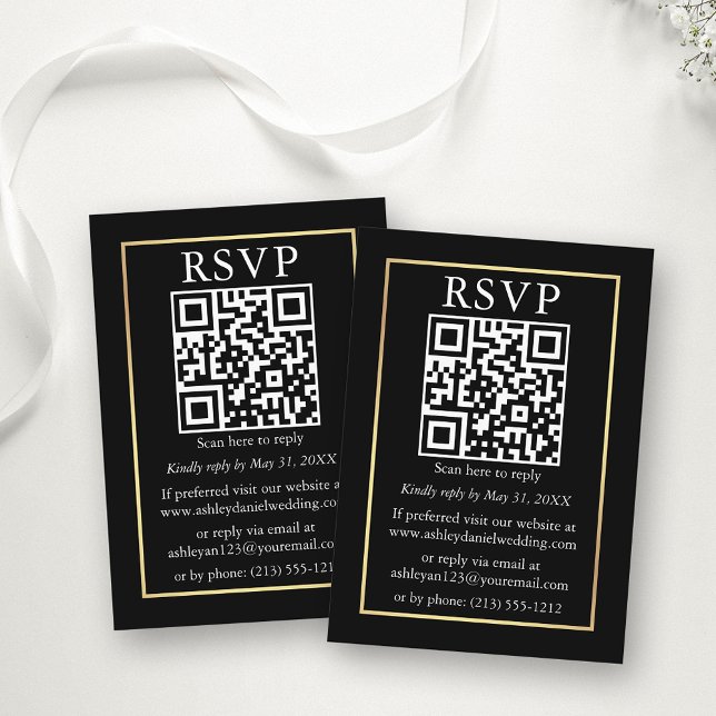 Cartão De Informações RSVP Preto Dourado de QR Simples de Casamento Simp (Customize to change text style, size, background color or add more text or a photo to back of card.)